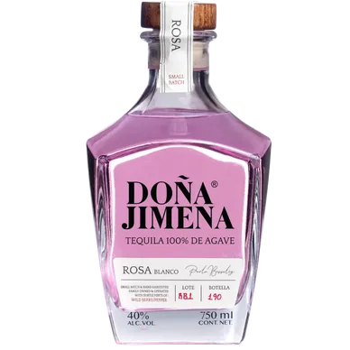 Elegant bottle of Doña Jimena Tequila Rosa Blanco, showing a subtle pink agave nectar